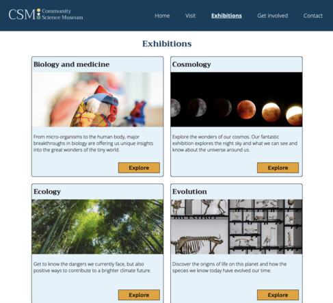 Picture of the exhibitions page of The Community science museum.